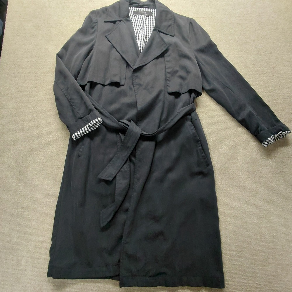 ZARA Basics Women's Belted Navy Blue Long Gingham Trench Coat Check SMALL